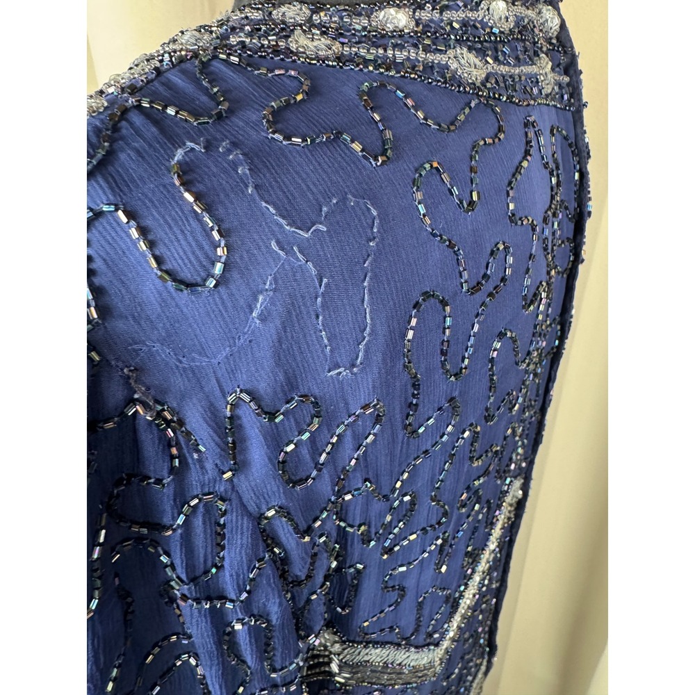 Vintage 80s Laurence Kazar New York Silk Beaded Dress Blue Art Deco Midi PL - Picture 4 of 11